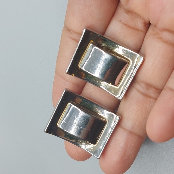 Vintage Minimalist Silver Gold Tone Concave Convex Rectangle Clip On Earrings - Picture 2 of 6